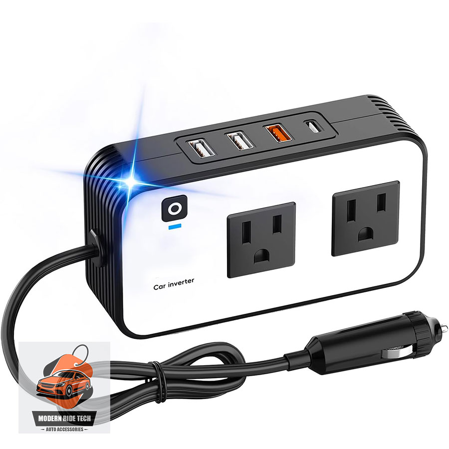 200W Car Power Inverter – DC 12V to 110V AC Adapter with 2 AC Outlets, 20W USB-C, 18W USB Fast Charging, Dual 4.8A USB Ports – Compact Car Plug Charger for Laptops & Devices