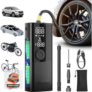 Portable Tire Inflator with Digital Gauge – Cordless Air Compressor Pump (120 PSI) for Car, Motorcycle, Bike, Sports Balls & More – LED Light, Auto Shut-Off, USB-C Rechargeable